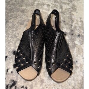Earth‎ Pisa Galli Lake Black Leather Cork Wedges Slingback Sandals Womens Sz 7